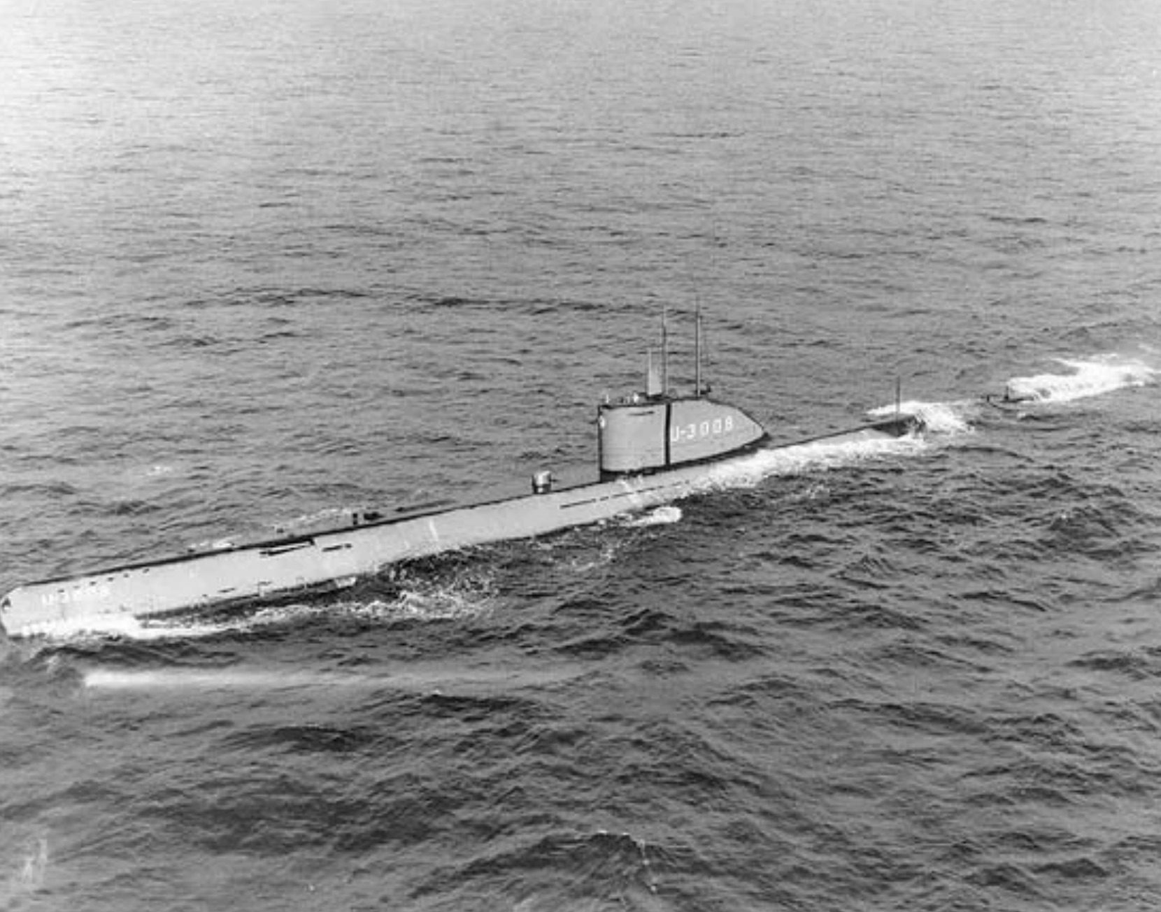 USS U-3008, formerly the German U-boat U-3008, under way at sea. 